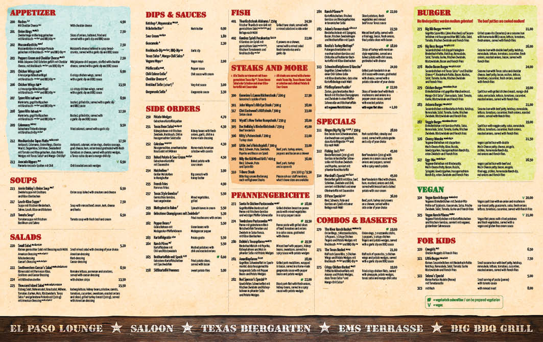 Texas River Ranch Speisekarte 03.2025